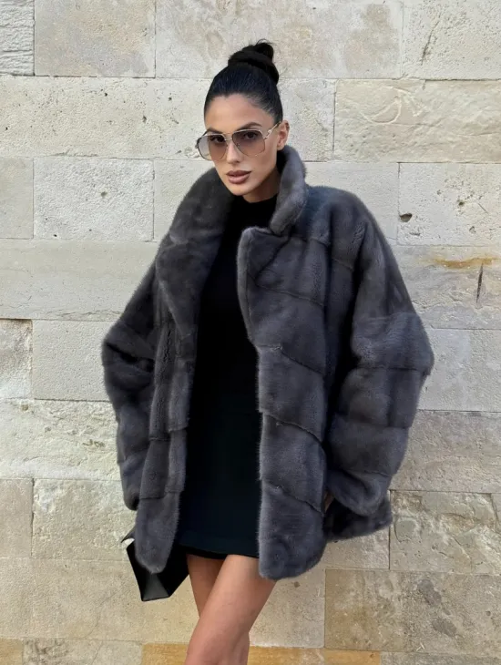 Короткая норковая шуба с английским воротником - цвет графит - фото 0