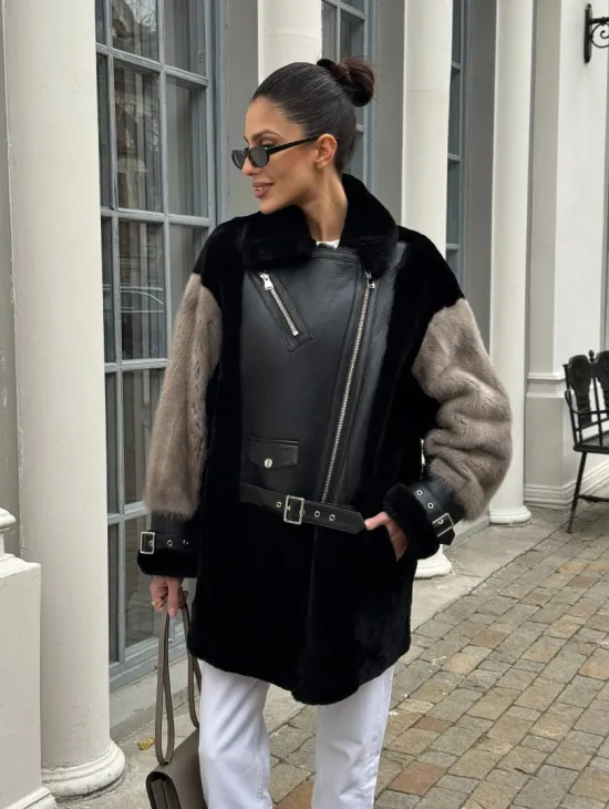 Удлиненная дубленка из натурального мериноса с отделкой из меха норки - фото 6