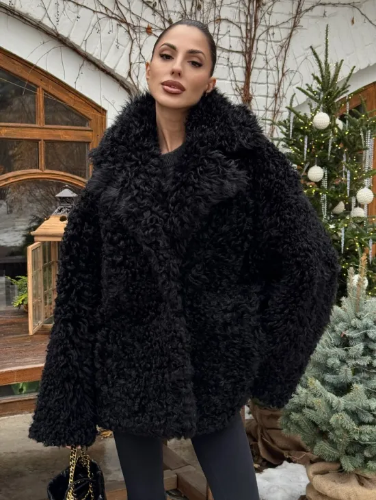 Черная короткая шуба - дубленка из испанской овчины «Тиградо» - фото 3