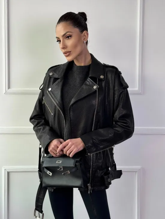 Классическая женская байкерская куртка - косуха из натуральной черной кожи Jumbo - фото 6