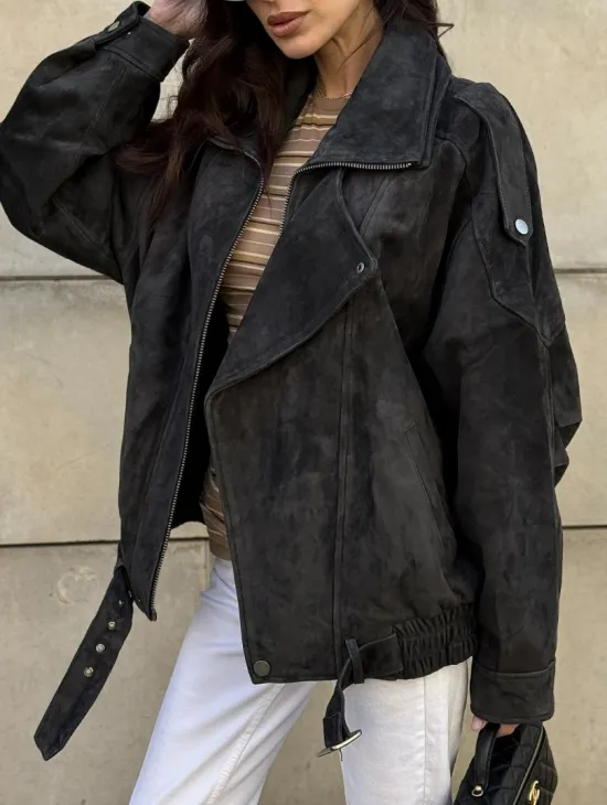 Бомбер оверсайз из замши Grey с двойным воротником и карманами - фото 1