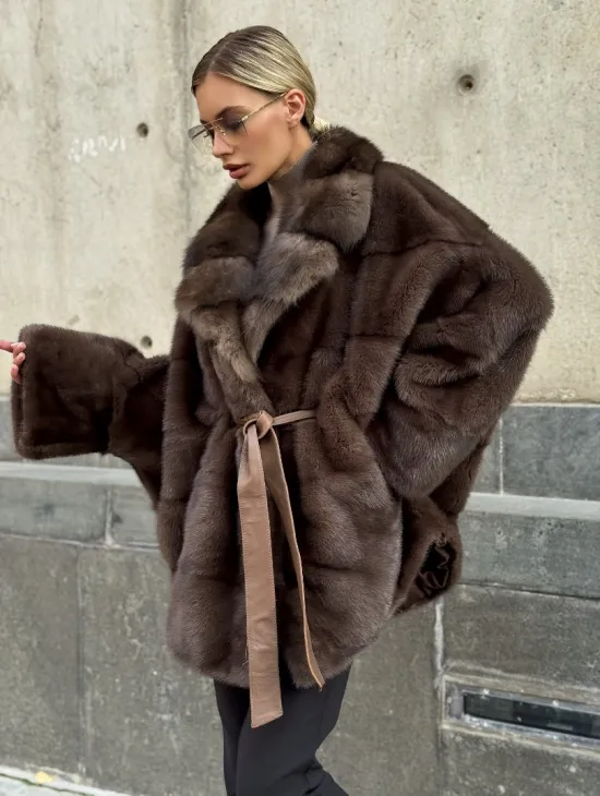 Полушубок норковый женский с воротником куница - фото 6