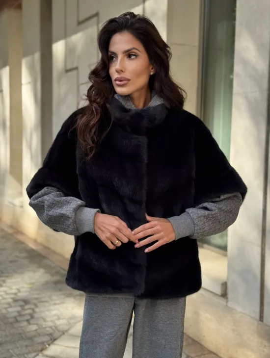 Женская меховая норковая куртка -темный графит - фото 3