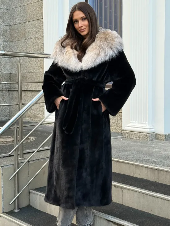Черная норковая шуба с капюшоном из рыси - фото 7