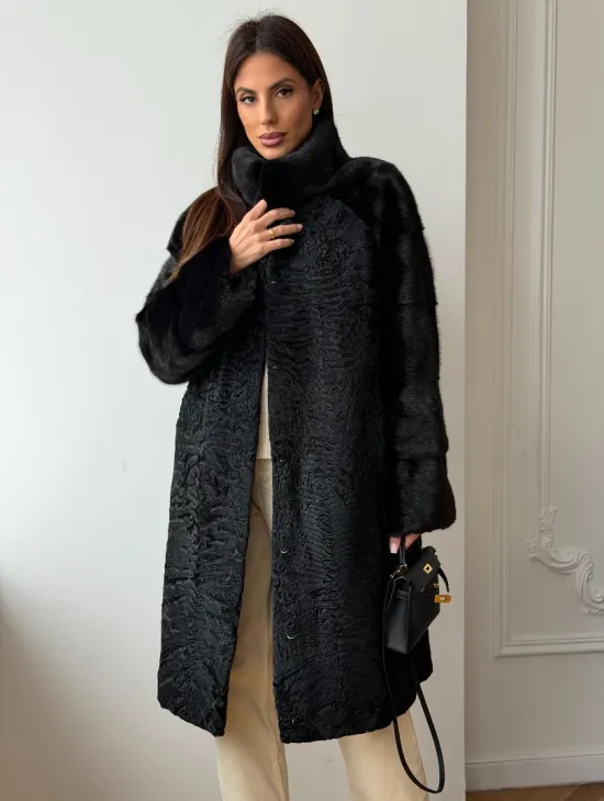 Шуба из каракуля с норкой - стойка воротник - фото 0