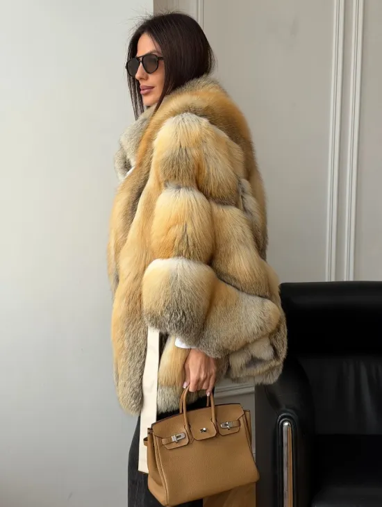 Шуба - пончо из лисы с поясом - фото 6