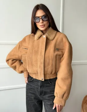 Зимняя женская дубленка - бомбер - фото 0