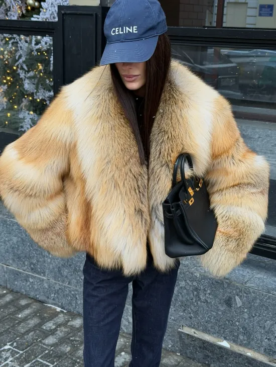 Полушубок-кроп с большим шалевым воротником из меха лисы Golden Sunrise - фото 1