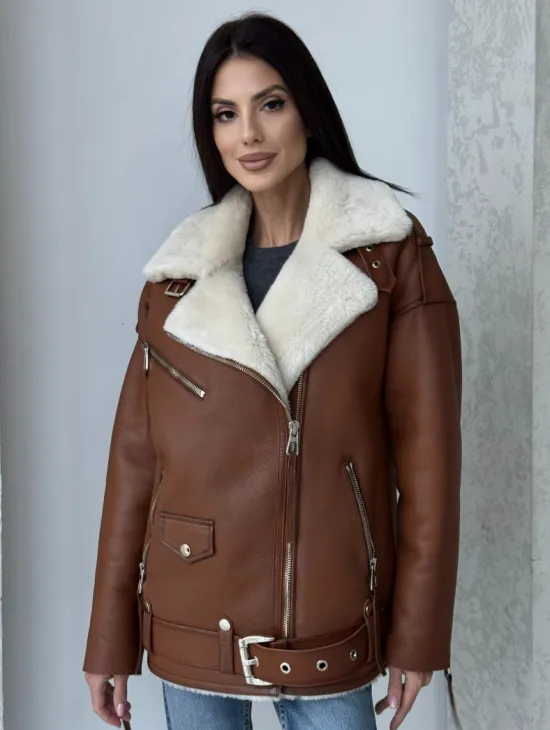 Дубленка авиатор из натуральной кожи в цвете виски - фото 7