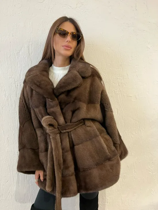 Пончо - шуба из плюшевой североамериканской норки цвет соболь - фото 3