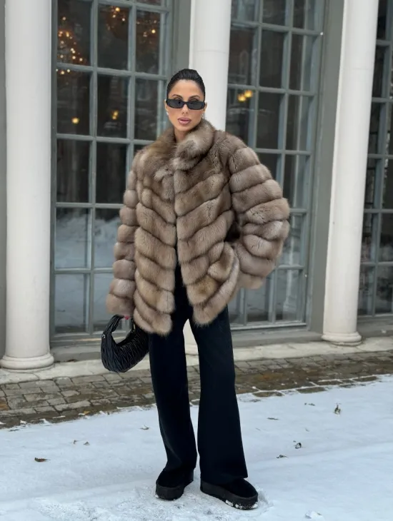 Шуба из меха куницы - цвет трюфель - фото 5