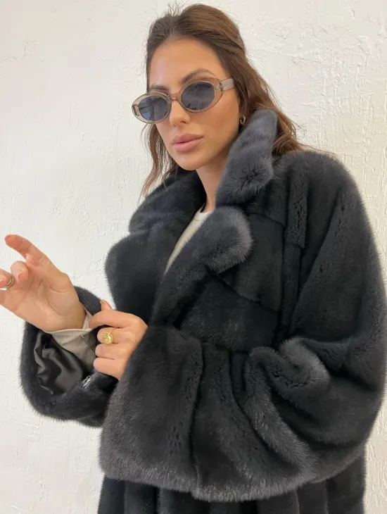 Шуба норковая с английским воротником - цвет графит - фото 3