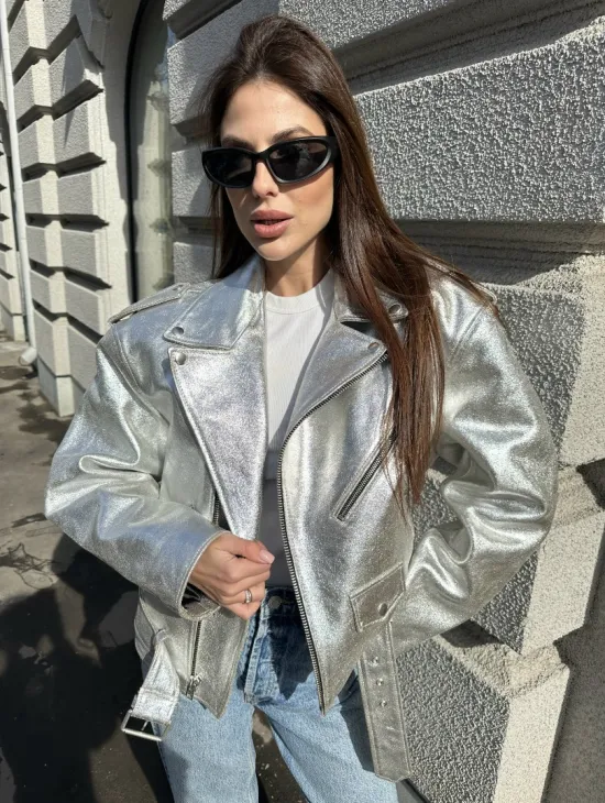 Куртка - косуха из натуральной кожи цвет серебристый - фото 1