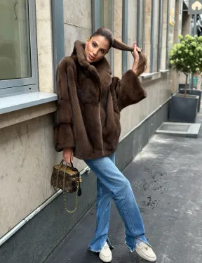 Норковый полушубок с английским воротником - цвет орех - фото 16