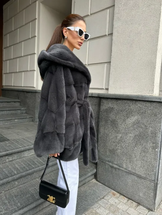 Норковая шуба с капюшоном цвет графит - фото 4
